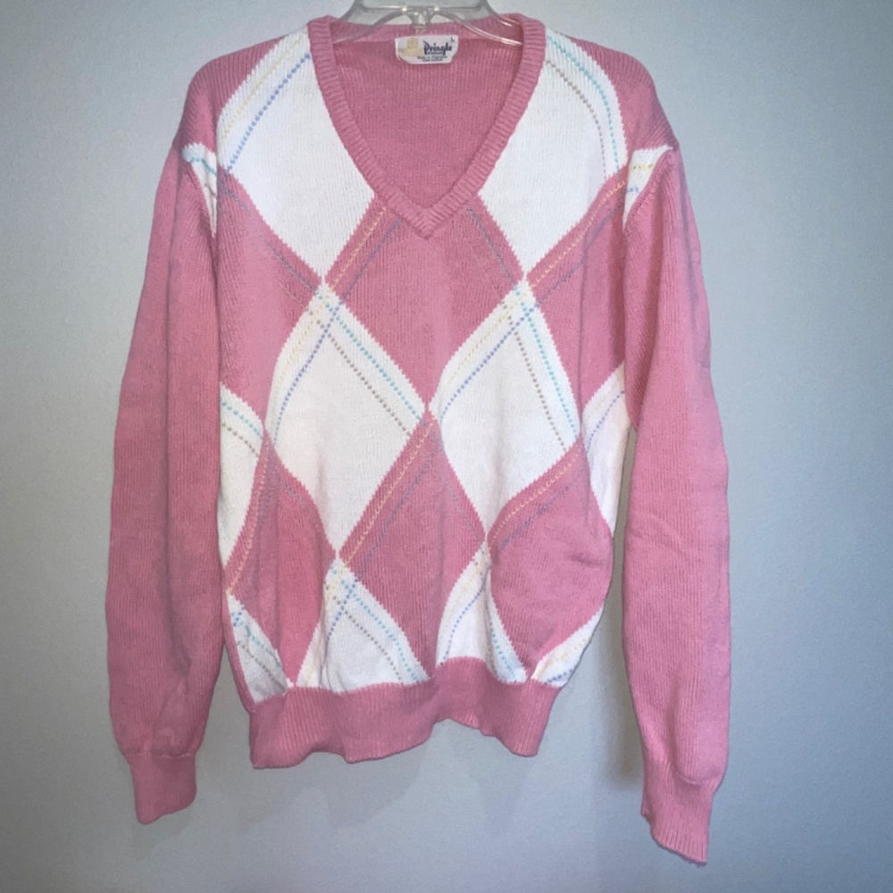 Pringle of Scotland Argyle Golfer V-Neck Sweater Men's Large 100% Cotton Pink